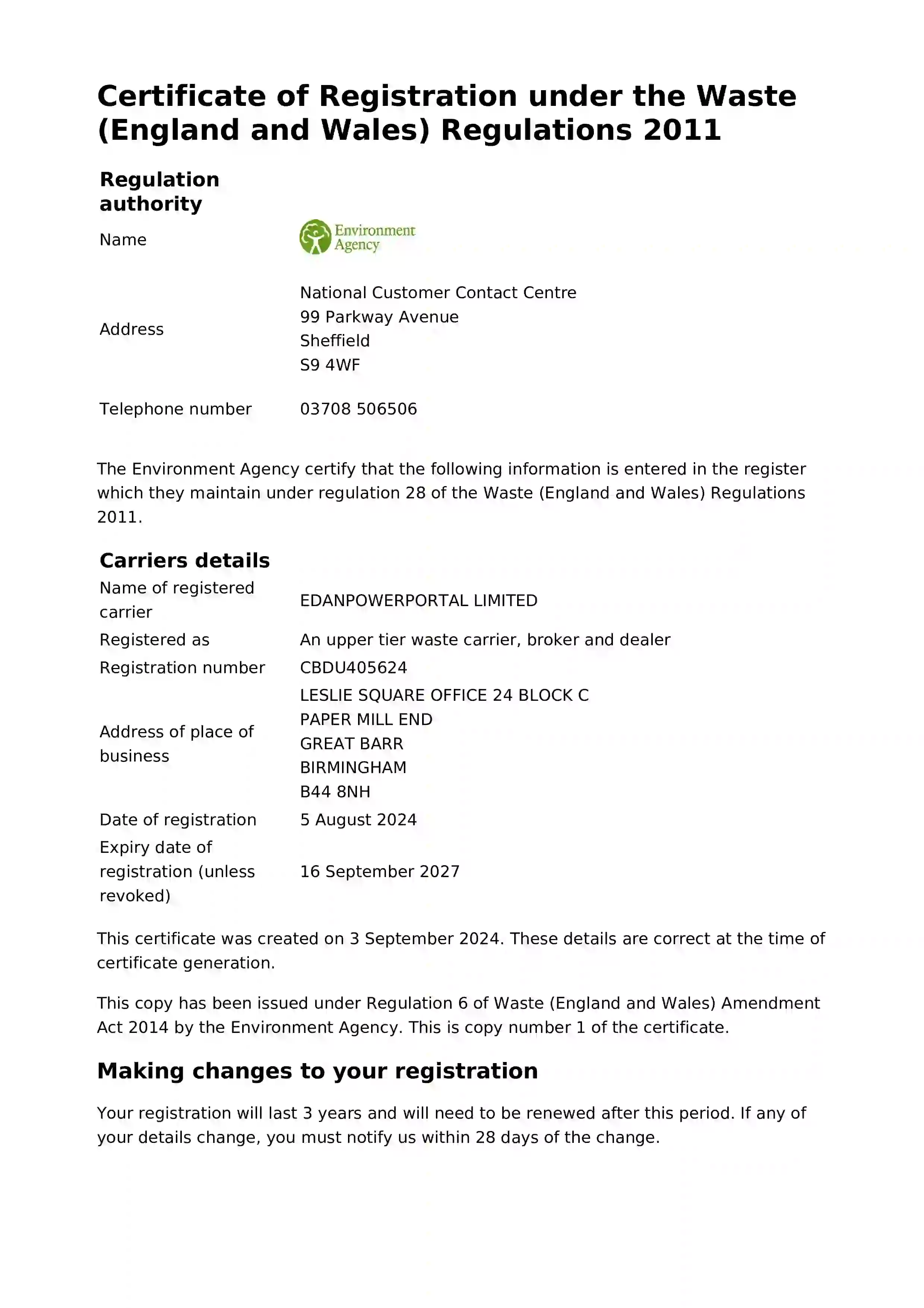 Certificate of Registration under the Waste